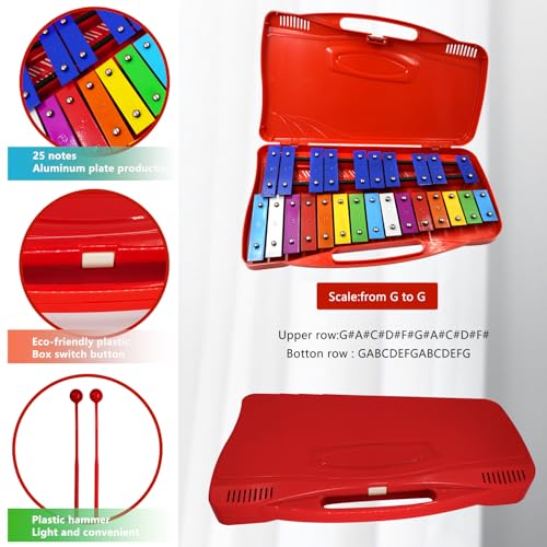 Image of Soulmate Xylophone, 25 Notes Xylophone Instrument for kids, Musical Toy Metal Keys,Professional Percussion Glockenspiel Instrument for Beginners, Music Teaching, Gifts (Red)