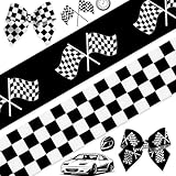 LANGFON 2 Rollen Rennwagen-Bänder, Sportthema, schwarz-weiß, kariert, Band für Rennwagen, Motto-Party, Geschenkverpackung, Geburtstag, Heimdekoration, Bastelzubehör, Basteln, 2 cm x 9,1 m
