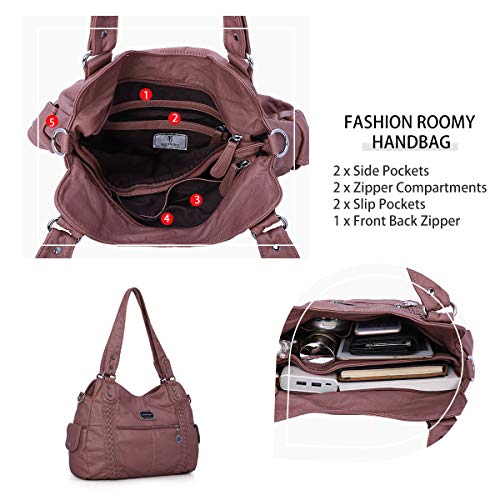 Angel Barcelo Roomy Fashion Hobo Womens Handbags Ladies Purse Satchel Shoulder Bags Tote Washed Leather Bag Dark Pink