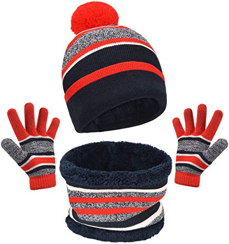 MAYLISACC Winter Kids Hat Scarf and Gloves 3Pcs Set for Boys and Girls Toddler Age 3-6, Striped Pom Beanie Glove Neck Warmer