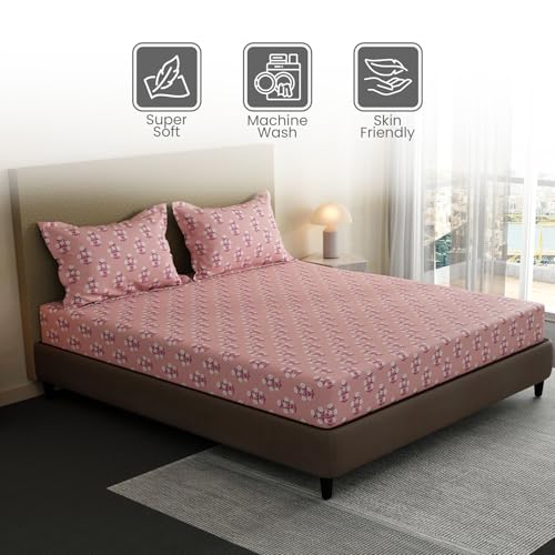 Image of Layers 100% Cotton Bedsheet for King Size Bed | Lumina Floret Collection | 144 TC Soft & Breathable | Floral Print with 2 Pillow Covers | Wrinkle Free & Colorfast | 3 Piece Bedding Set - Pink
