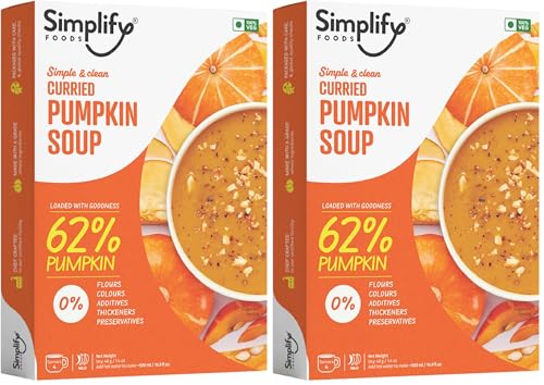 Image of Simplify Foods Curried Pumpkin Instant Soup | Made with 62% Real Pumpkin | Pack of 2 (Makes 500ml) | Just Add Hot Water | No Cooking Required | Clean Label | 0% Additives or Preservatives