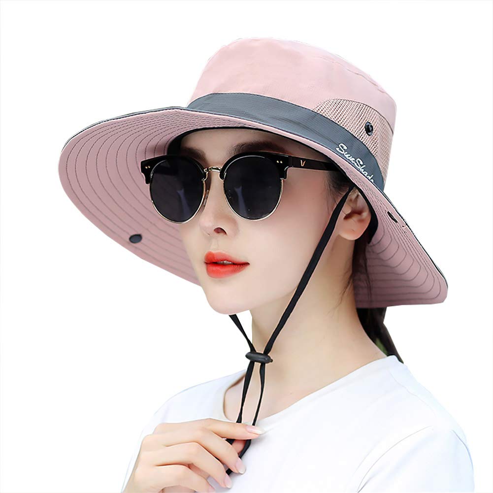 Sombrero de sol de senderismo para mujer, protección UV, para viajes, exteriores, plegable, con agujero para cola de caballo, Rosado