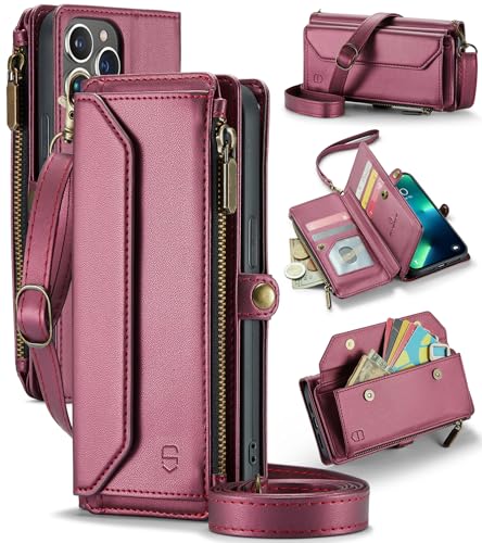 Strapurs Crossbody for iPhone 13 Pro Wallet Case?RFID Blocking?with 7-Card Holder Zipper Bills Slot, Soft PU Leather Magnetic Wristlet Shoulder Strap for iPhone 13 Pro Case Wallet for Women, Wine Red