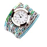 ❤ ️ Band Material: Leder Uhren für Frauen, Winkey beliebtes Quarzuhr Luxus Armband Blume Edelstein Armbanduhr grün