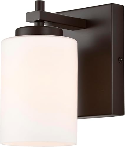 EVESKY Lámpara de tocador de baño de 1 luz, aplique individual de granja con pantalla de vidrio blanco esmerilado, bronce