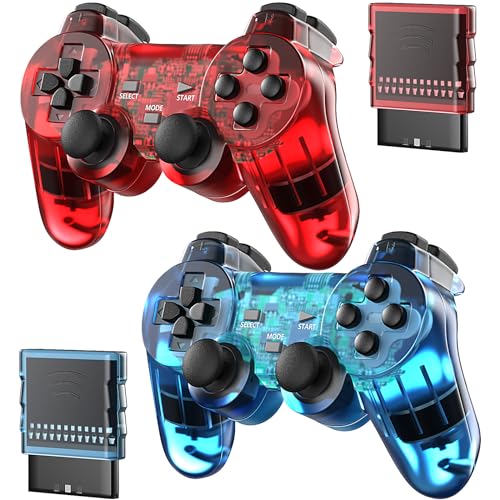 Degulan Wireless Controller Compatible with PS-2 Console, Remote Gamepad for Play 2 (ClearRed and ClearBlue)