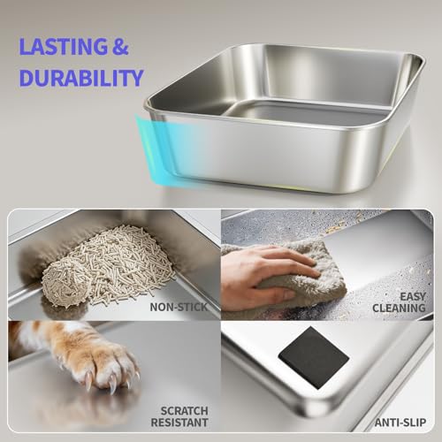 2 Pack Katzenklo Edelstahl Gehege mit Deckel, große Katzentoilette aus Edelstahl, Katzenklo Mit Hochwandigem Seitengehäuse, Nicht-Klebrig, Auslaufsicher & Einfach zu Reinigen, nklusive Schaufel, M