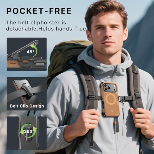 Image of M MYBAT PRO for iPhone 17 Pro Case with Belt Clip Holster,[Compatible with Magsafe] w /Screen Protector,Anti-Drop,Shockproof,w 360Rotating Kickstand,Heavy Duty Protection (Brown)