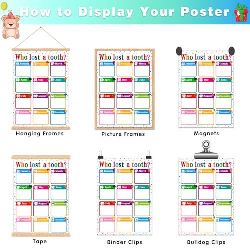 Image of BIZIBAFF Who Lost A Tooth Chart Poster - Confetti Who Lost A Tooth Posters for Classroom Bulletin Board Lost Teeth Calendar Learning Chart Decorations for Elementary Classrooms Teacher Supplies