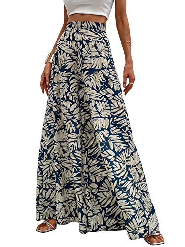 WDIRARA Women's Tropical Print High Waist Wide Leg Pants Boho Palazzo Pants