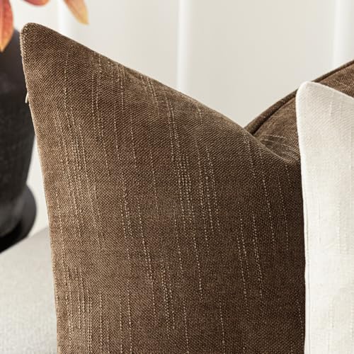 Image of Foindtower Set of 2 Soft Textured Chenille Throw Decorative Pillow Covers Square Accent Solid Cushion Cover Cozy Neutral Farmhouse Pillow Case for Couch Sofa Bedroom Living Room 22x22 Inch,Dark Bronze