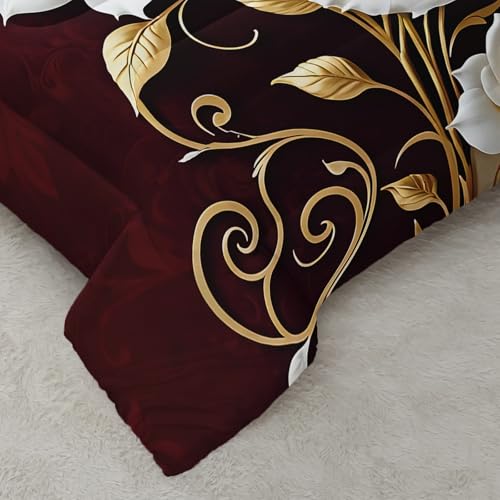 Image of AILONEN White Rose Comforter Set Queen Size for Girls Women, Bohemian Floral Bedding Set 3Pcs,Beautiful Flower Soft Duvet with 2 Pillowcases