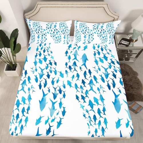 Image of jejeloiu Blue Fish Bed Sheets Set King Size Abstract Stripe Bed Set Summer Ocean Deep Pocket Fitted Sheet Sea Animal Breathable Soft Lightweight Microfiber