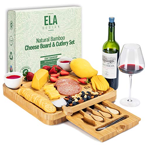ELA Design Cheese Board - Bamboo Cheese Plate and Knife Set, Perfect Housewarming