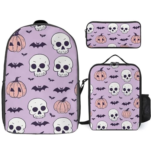 3 Piece Backpack for Women Men Lightweight Causal Daypack Shoulder Bag Set with Insulated Lunch Bag And Pencil Case Organizers Skull And Pumpkin