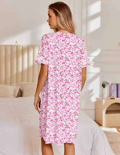 Image of Ekouaer Nightgowns for Women House Dress with Pockets Snap Front House Coat Short Sleeve Duster Moo Moos Sleepwear S-3XL
