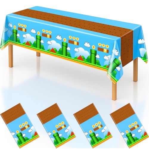 byojia 2in1 Video Games Birthday Decorations Tablecloths 54 x 108 Super Brother Table Cloth Disposable Rectangle Plastic Table Cover for Boys Birthday Party Supplies (4 Pack)
