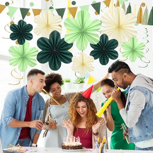 Image of Sage Green Birthday Decoration Green Plant Party Decorations Set | with Hanging Paper Flowers Tassel Garland and Swirls Sage Green Party Decoration for Women Girls Classroom Party Decor
