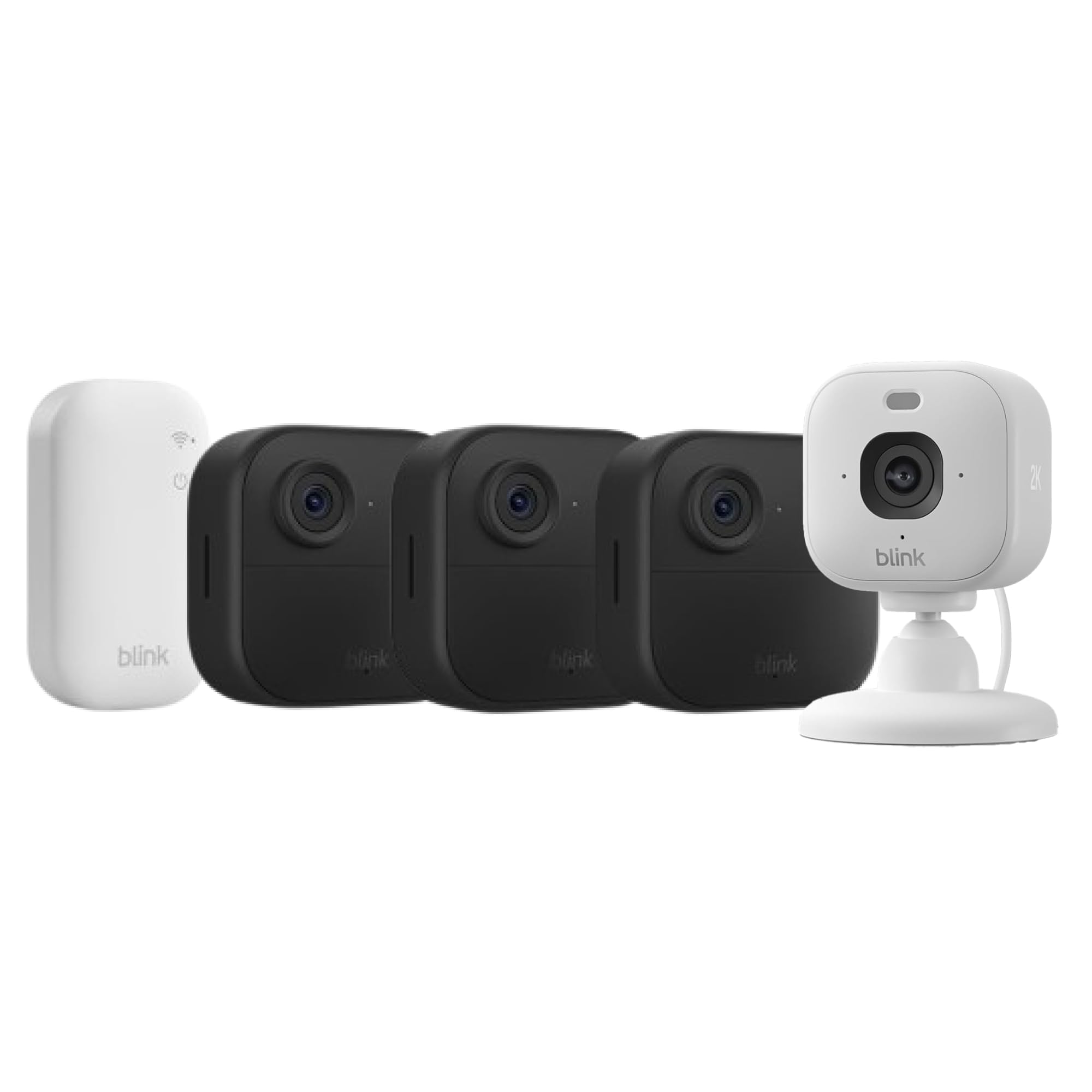 Blink-Kamera Outdoor 4 + Blink Mini 2K+ Weiß (neueste Generation)| Kabellose intelligente HD-Sicherheitskamera, zwei Jahre Batterielaufzeit | 3-Kamera-System mit enthaltenem Sync Module Core | IP65
