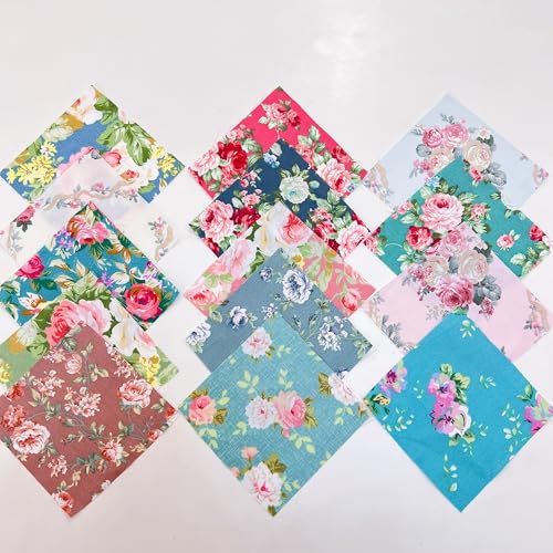 Image of Cotton Fabric DIY Making Supplies Quilting Patchwork Fabric Fat Quarter Bundles DIY for Quilting Cotton Patchwork Cushions (14pcs Flowers, 9.8 inch x 9.8 inch)