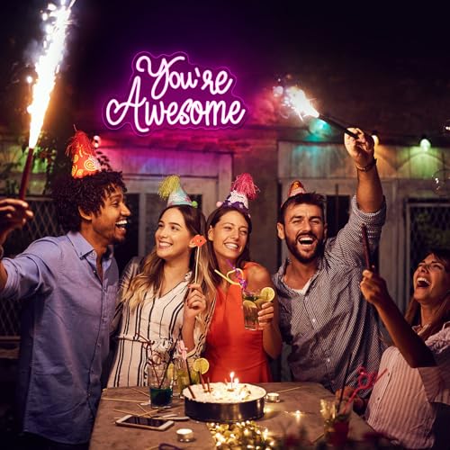 Image of You Are Awesome Neon Signs Dimmable Inspirational LED Neon Lights for Wall Decor Pink USB Positive Quotes Light up Sign for Bedroom Wedding Birthday Classroom Home Office Bar Hanging Decor