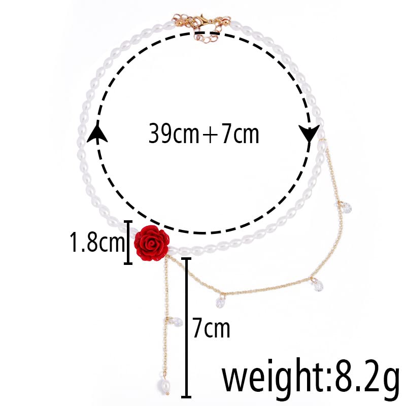 Red Rose Flower Choker Layered Rhinestone Faux Pearl Chain Women Y2K Wedding Necklace2