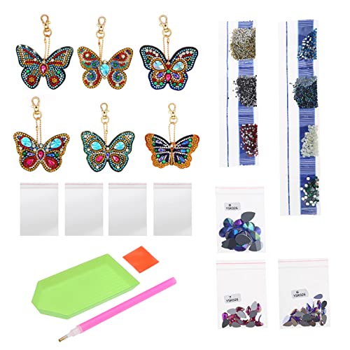 eMagTech 6PCS 5D Rhinestone Painting Butterfly Keychain Set Double Sided Full Drill Rhinestone Key Chain Pendant DIY Arts Crafts Supplies for Purse Backpack Handbag Decor