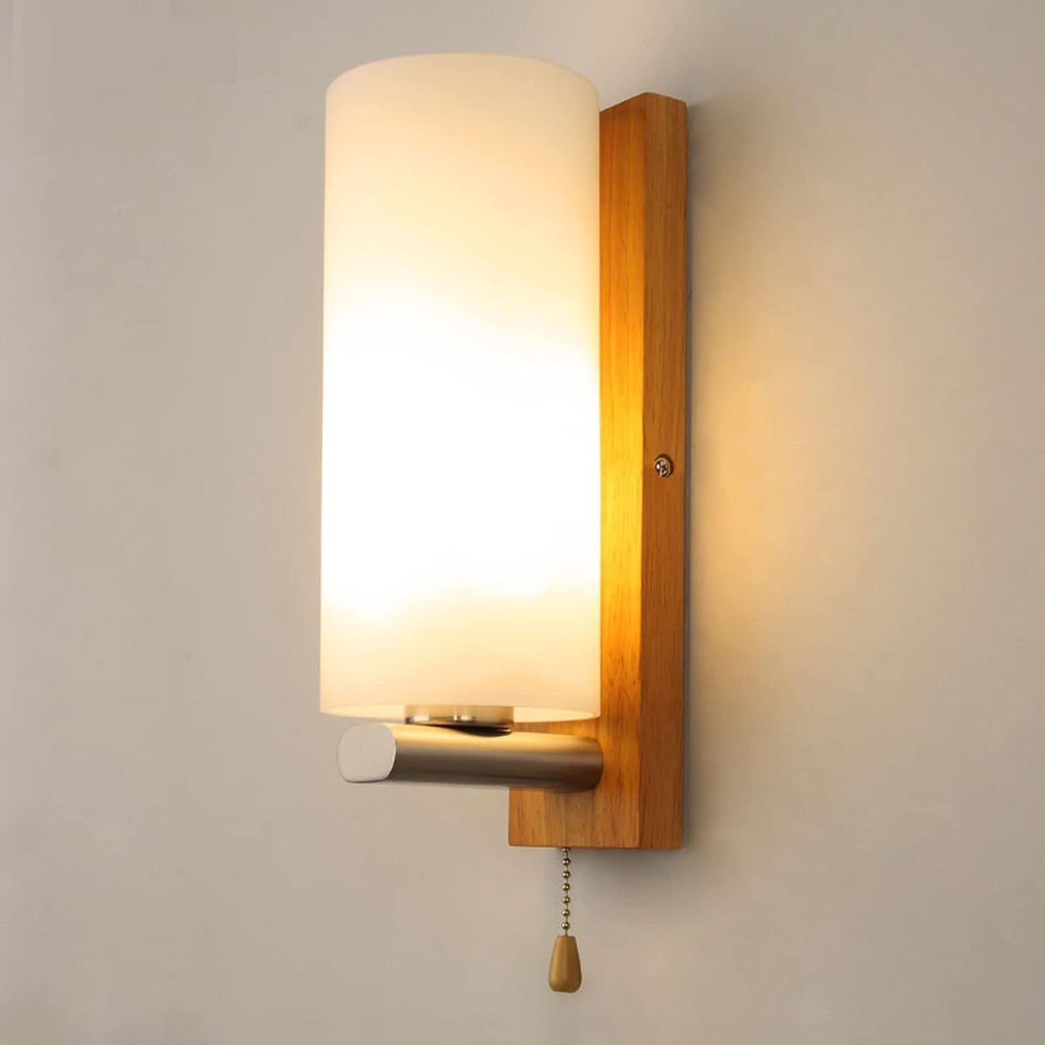 Modern Wandleuchte mit Zugschalter Glas Lampeschirm Wandlampe mit Schalte Holz & Glas Lampeschirm Rund Wandleuchten Lampe Innen Beleuchtung Wohnzimmerlampe Flur Schlafzimmer Leuchten