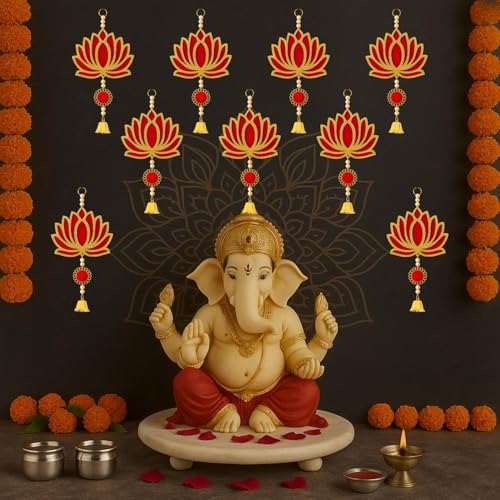 Image of ARLICORPING Wooden Lotus Wall Hanging for Festive Decoration - Diwali, Ganpati, Pooja Room, Mandir, Living Room, Door, Hall, Entrance, Spiritual Decor (Lotus + Bell-Red, Pack of 12)