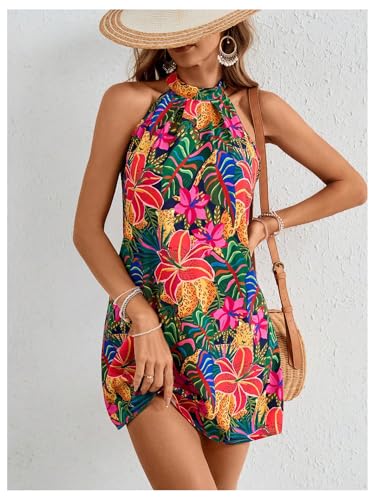 Image of Floerns Women's Sleeveless Floral Print Sundress Halter Neck A Line Short Dress