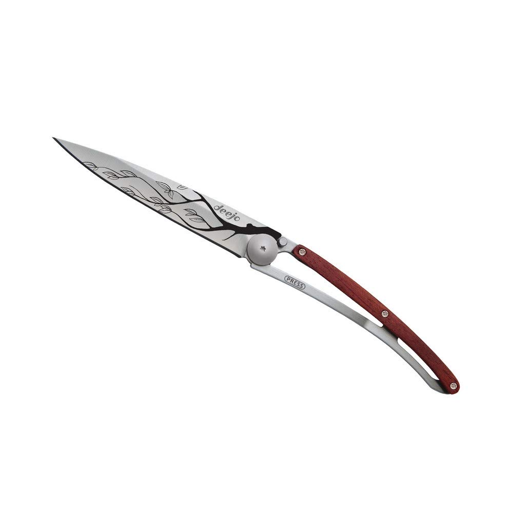 Deejo - Couteau de Poche Pliant 37g avec Clip Ceinture - Manche en Bois Corail, Lame en Acier Inoxydable - Motif Arbre - Couteau de Table, Randonnée, Camping, Bivouac