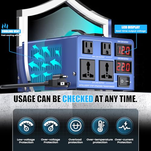 Image of 5000 watt Voltage Conversion Transformer Heavy-Duty Step-up /Step-Down AC 110V /120V /220V /240V Power Conversion, with resettable Circuit Breaker Protection, with US Power Cord, LCD Display