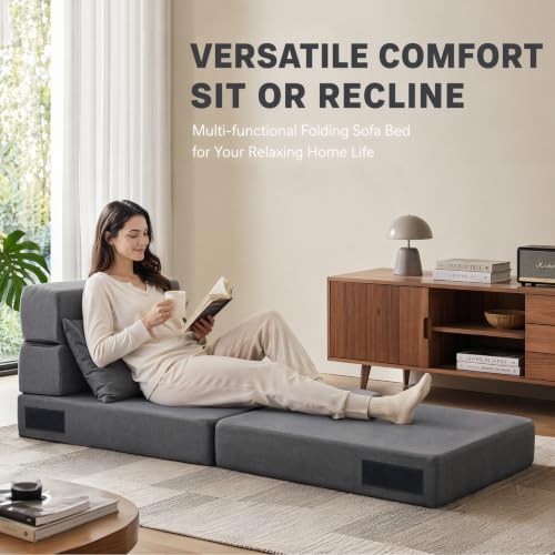 Image of Folding Sofa Bed | Convertible Sleeper Chair Bed for Adults, Fold Out Chair to Bed Linen Futon Chair with Pillow, for Home Dorm Apartment RV Living Room, Single Size Dark Gray