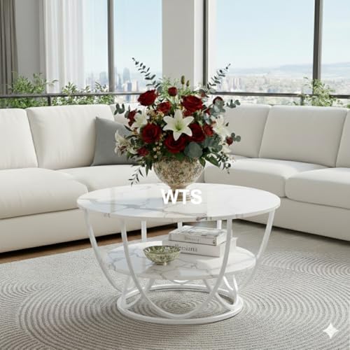 Image of Shoppee Coffee Table - Modern 2-Tier with Faux Marble Top and Gold Metal Frame - Stylish Center Table for Living Room, Sofa Table, Elegant Cocktail Table for Home, Office, White & White