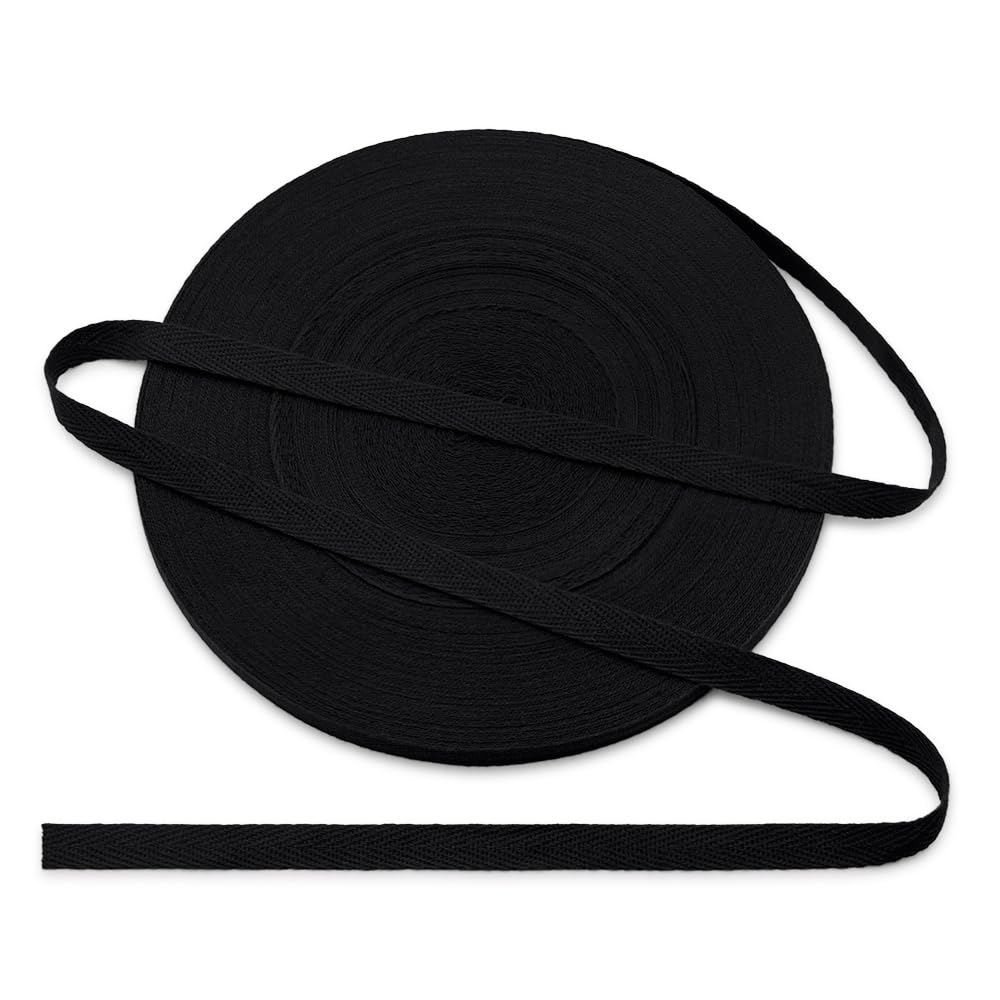 Jamsinmu Cotton Bias Binding Tape 10 mm, Herringbone Tape Cotton Tape with Herringbone Pattern, Cotton Strap Tape 10 mm, Cotton Ribbon 1 cm, Black C001, 45 Yards
