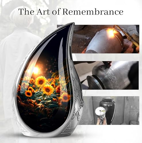 Image of Teardrop Sunflower Urns for Human Ashes Adult Female - Burial Urns for Ashes for Women - Yellow Sunflower Urn for Human Adult Male and Female - Large Decorative Urn for Mom and Dad 10inch