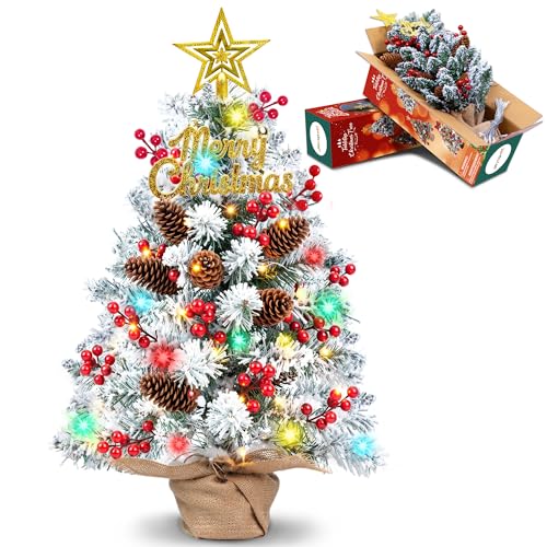 JOY SPOT! 60cm Mini Weihnachtsbaum mit Beleuchtung LED, Snow Flocked...