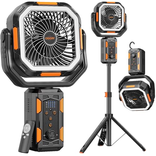 OGERY Camping Fan, Portable Fan with Adjustable Height Stand, 20000mAh Rechargeable Battery Powered Fan with Remote, LED Light, Auto Oscillation, Fast Charging, Floor or Desk Fan for Tent, RV, Travel