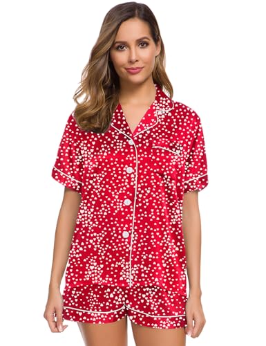 Image of SWOMOG Womens Silk Satin Pajamas Set Short Sleeve Sleepwear Button Down Top and Shorts Loungewear 2 Piece Pjs Set XS-3XL Lipstick Red Mini Hearts Large