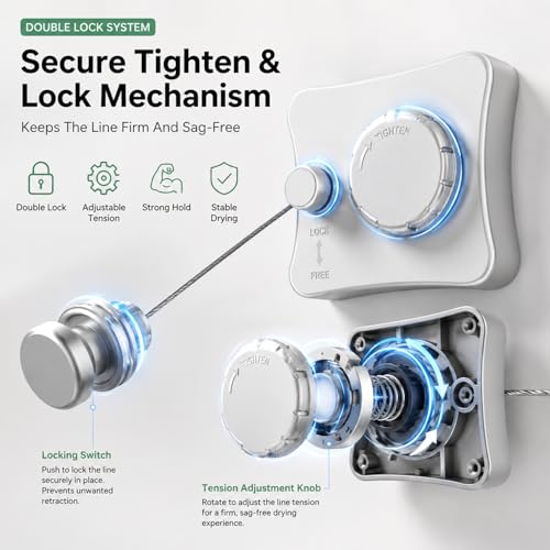 Image of Retractable Clothesline for Balcony Indoor Outdoor | 5.1m Adjustable Single Line Laundry Drying Rope with Tighten & Lock System, Self Adhesive or Screw Mount (Single Line Telescopic White)