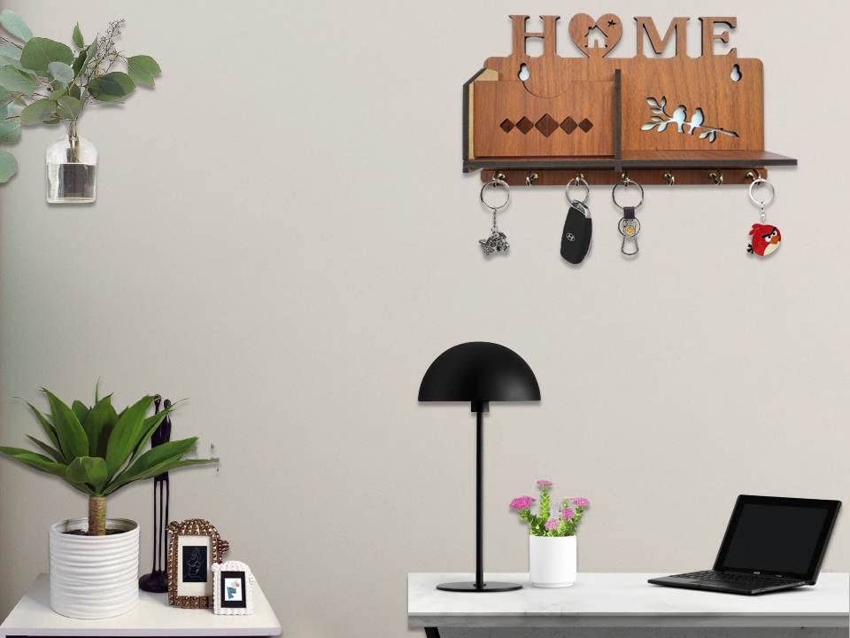 Image of MDF Wooden Wall Mounted Designer Home Wall Shelf Key Chain Holders Home Decor Stylish Hook Stand Key Organizer for Decor Home, Living Room and Office Matte Finish Mobile Charging Stand