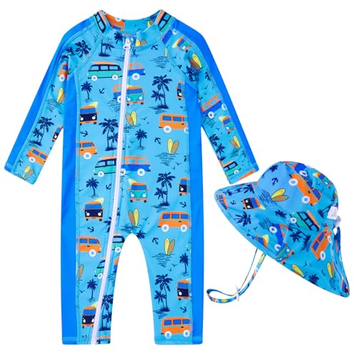 Image of Funnycokid Infant Baby Boy Swimsuit Zip One Piece Bathing Suits Rash Guard Sun Protection Swimwear with Hat