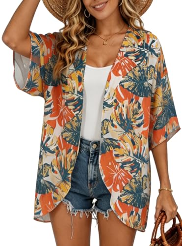 Image of FINOCEANS Womens Floral Chiffon Kimono Cardigans Loose Beach Cover Up Half Sleeve Tops