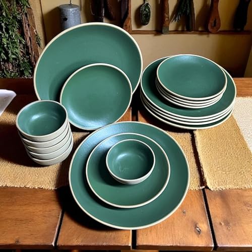 Image of Hand Painted Ceramic Dinnerware Set - 18 Pieces | 6 Dinner Plates, 6 Small Plates, 6 Katori Bowls | Earthy Green | Microwave & Dishwasher Safe | Perfect for Home & Gifting