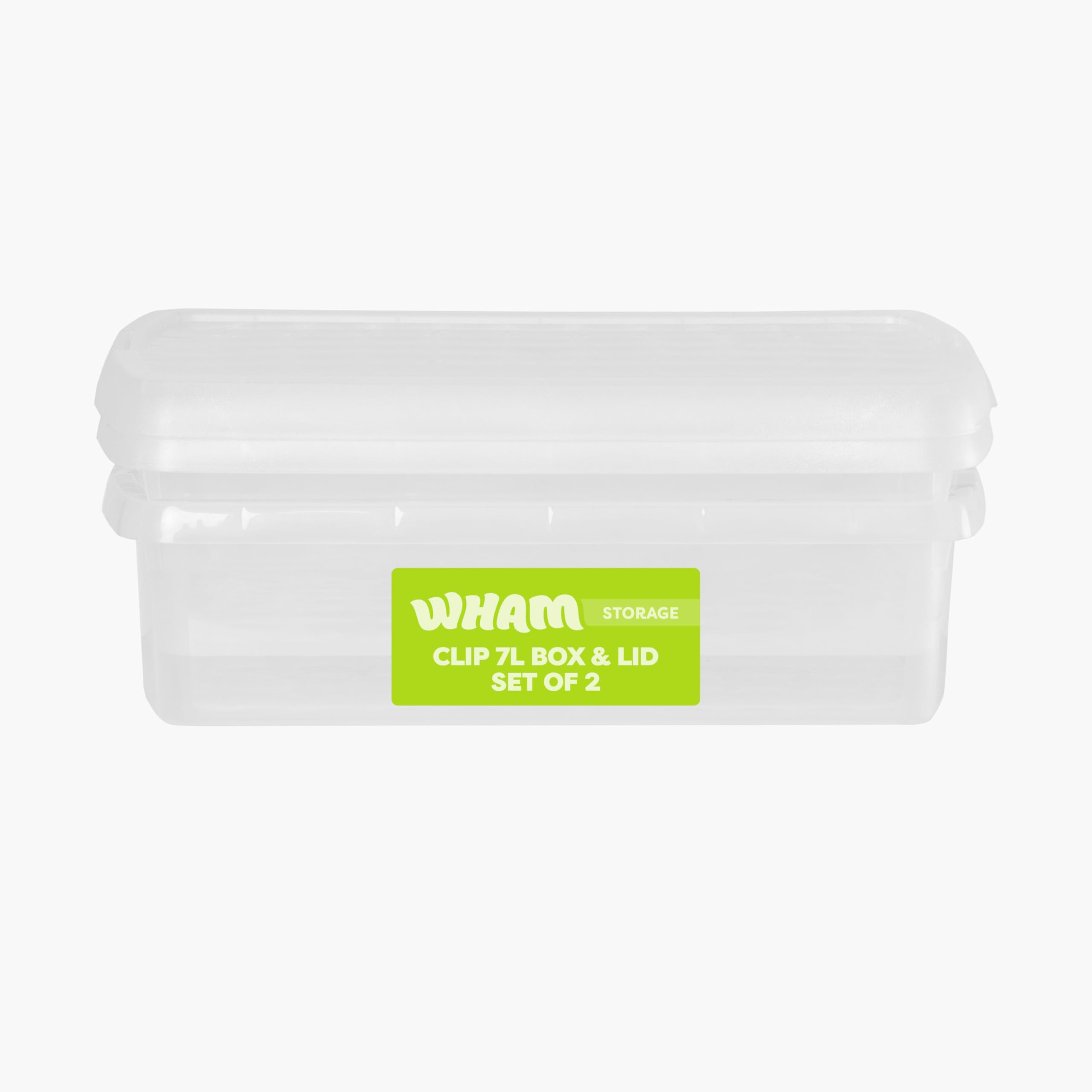 Wham Clip 2 x 7L Rectangular Stackable Plastic Storage Boxes with Lids | Ideal for Home, Office, Toys & More | Storage Containers with Clip Locks | Made in UK - Clear/Clear