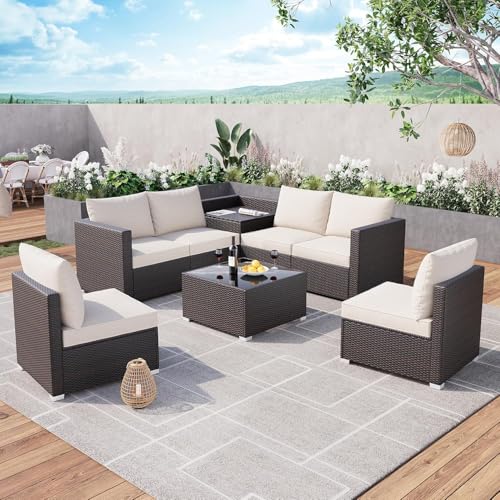 Image of GAOMON 8 Piece Patio Furniture Set, Wicker Outdoor Sectional Sets, Glass Top Table with Hidden Storage, Patio Conversation Furniture Sets for Garden Poolside Backyard