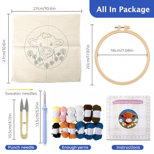 Image of PATPAT20cm DIY Tufting Craft Kit with Bamboo Embroidery Hoop, Pre-Printed Highland Cow Pattern, Yarn Set & Tufting Tools, Beginner Punch Needle Wall Art Kit for Plush 3D Home Decor, Gifts