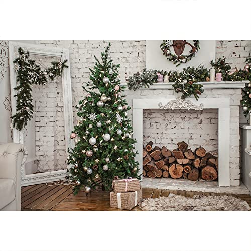 Aoihrraan 3x2m Navidad Sala Fotografía Fondo Navidad Árbol Regalo Vintage Chimenea Madera Blanco Ladrillo Pared Fondo Invierno Vacaciones Nuevo Año Familia Fiesta Decoración Retrato Foto Apoyo