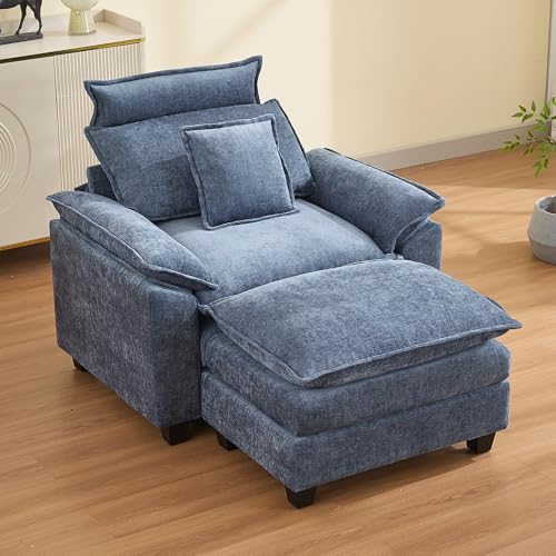 Image of 46''Cloud Oversized Sofa Chair with Detachable Headrest, Upholstered Comfy Arm Accent Chair with Ottoman,Modern Chenille Reading Lounge Armchair for Living Room,Bedroom, Blue